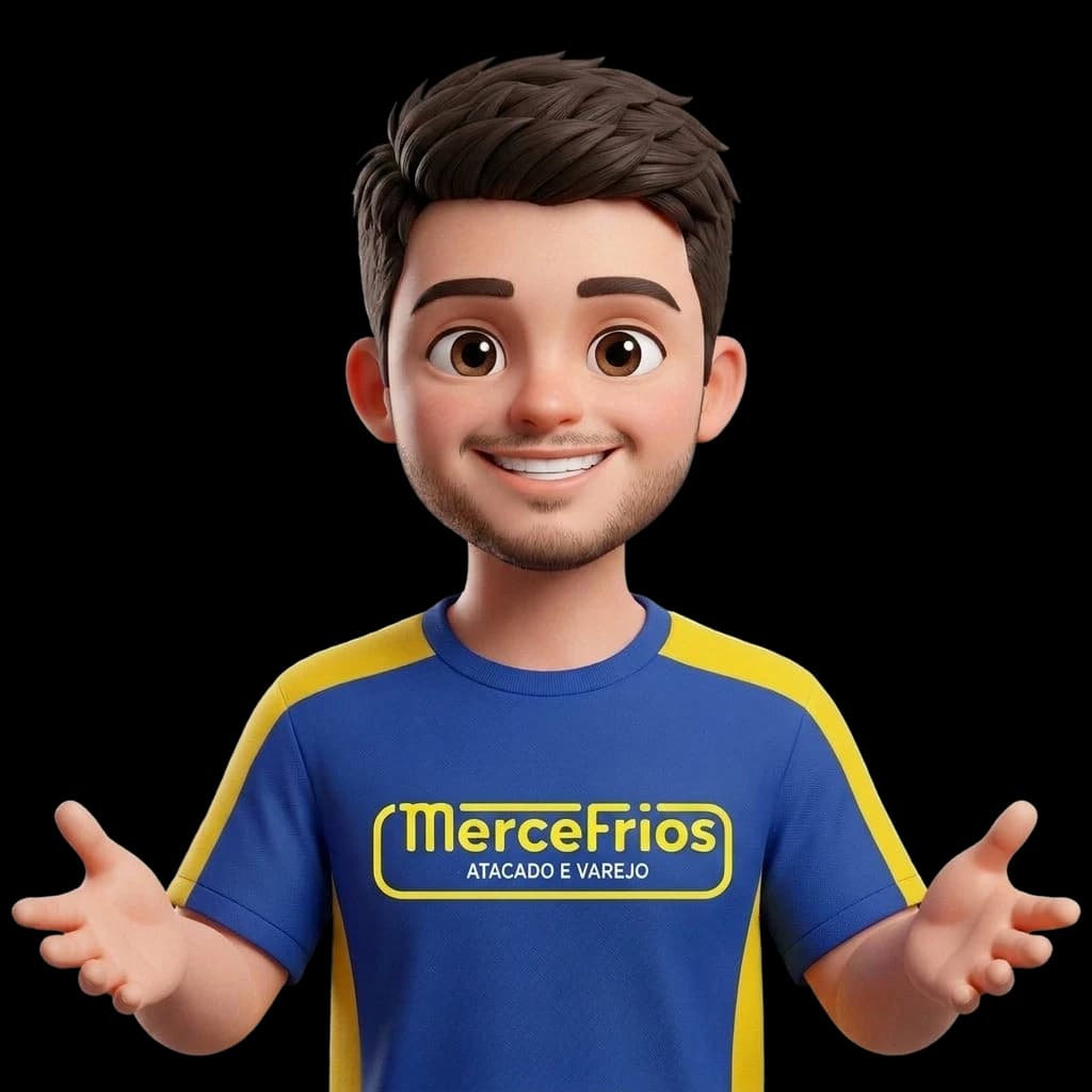 Mascote de braços abertos dando boas-vindas, sorrindo, de frente.