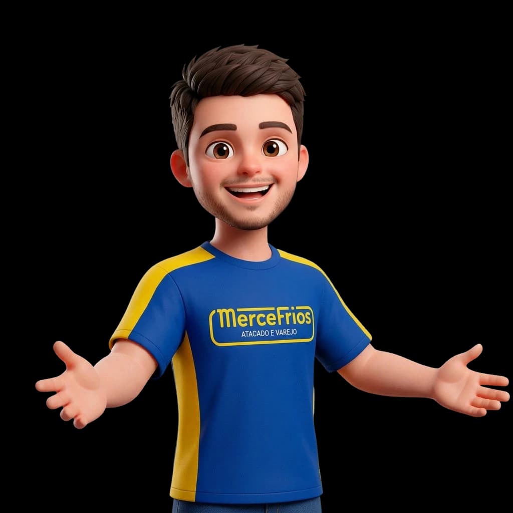 Mascote sorrindo de braços abertos, apresentando a MerceFrios.