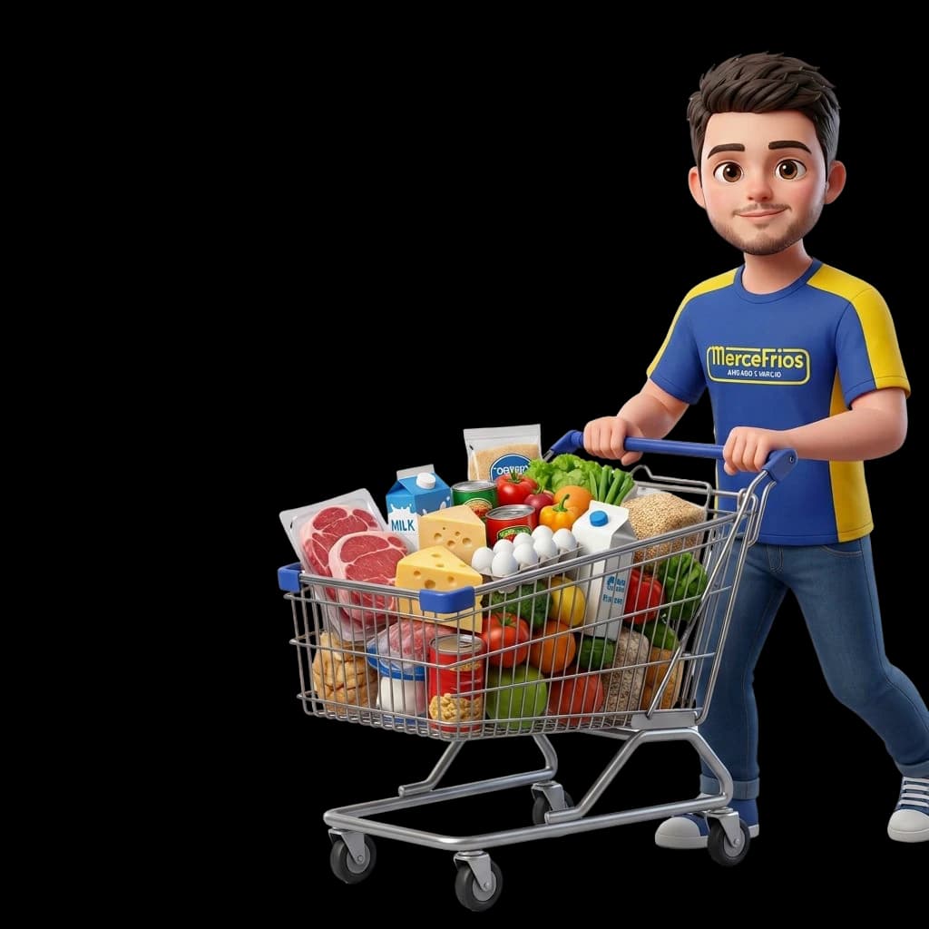 Mascote empurrando um carrinho de compras cheio.