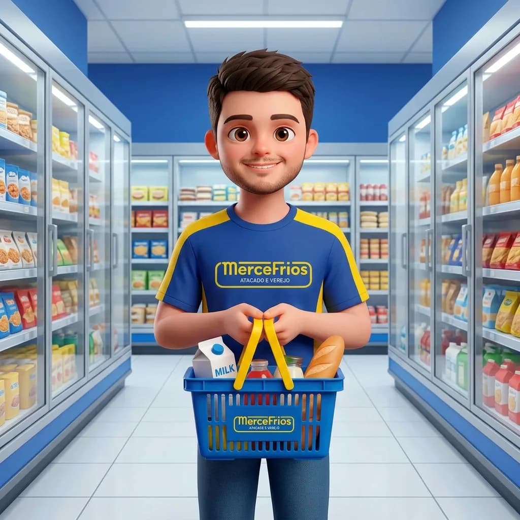 Mascote no corredor da loja segurando uma cesta de compras.