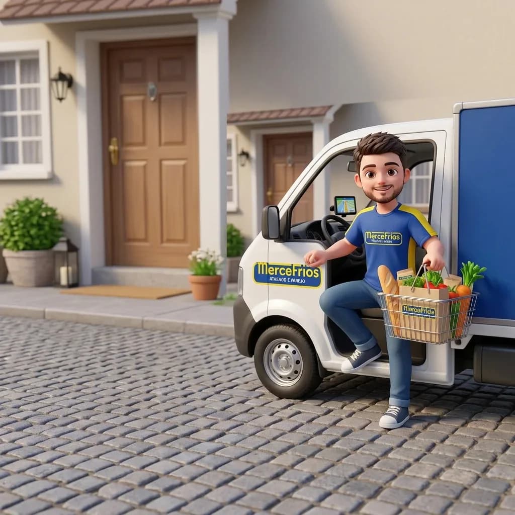 Mascote saindo da van de entregas com uma cesta de compras.