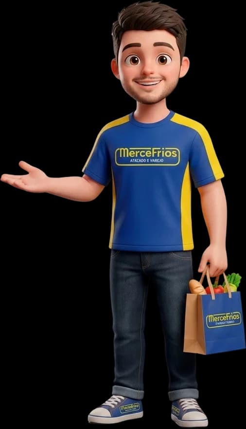 Mascote de corpo inteiro com uma sacola de compras, convidando para entrar.
